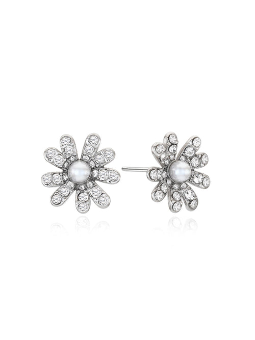Golden Glow Flower Stud Earrings – Pearl Center with Shimmering Petals